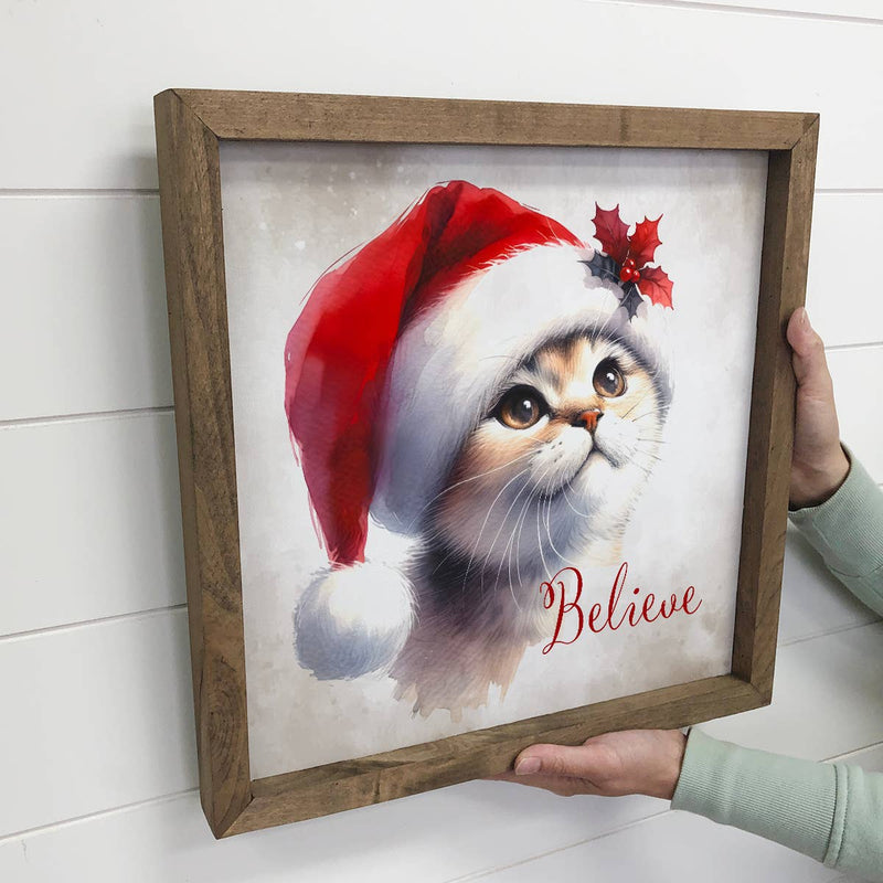 Believe Santa Cat - Cute Animal Holiday Canvas Art - Framed