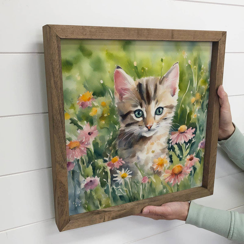 Wildflower Tabby Cat - Springtime Cat Canvas Art - Framed