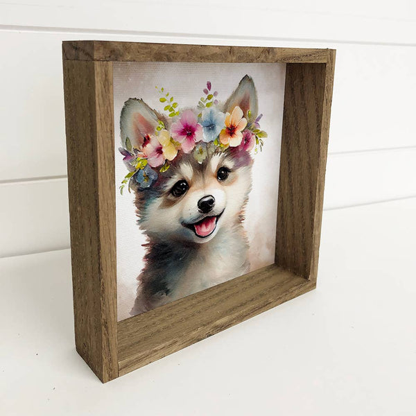 Cute Flower Wolf - Wolf Pup with Flower Crown - Baby Animal