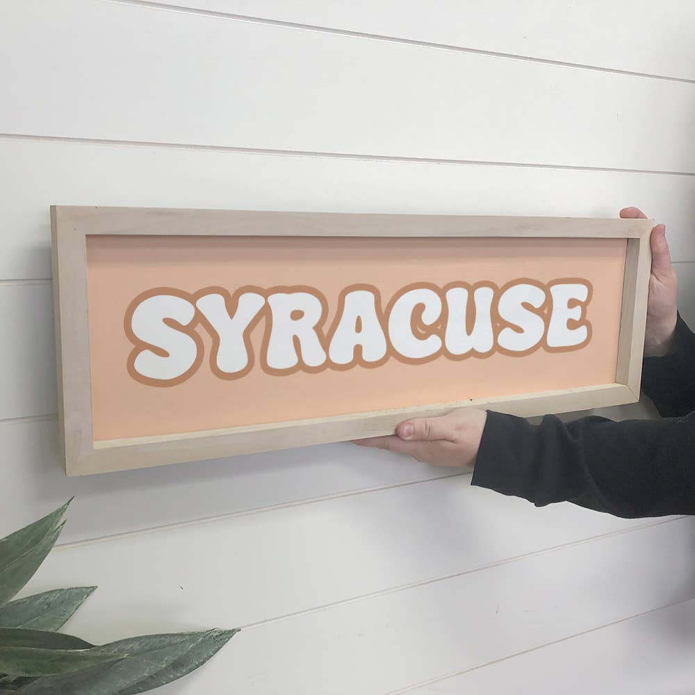 Personalized City Sign - Groovy Peach Syracuse - Wood Framed