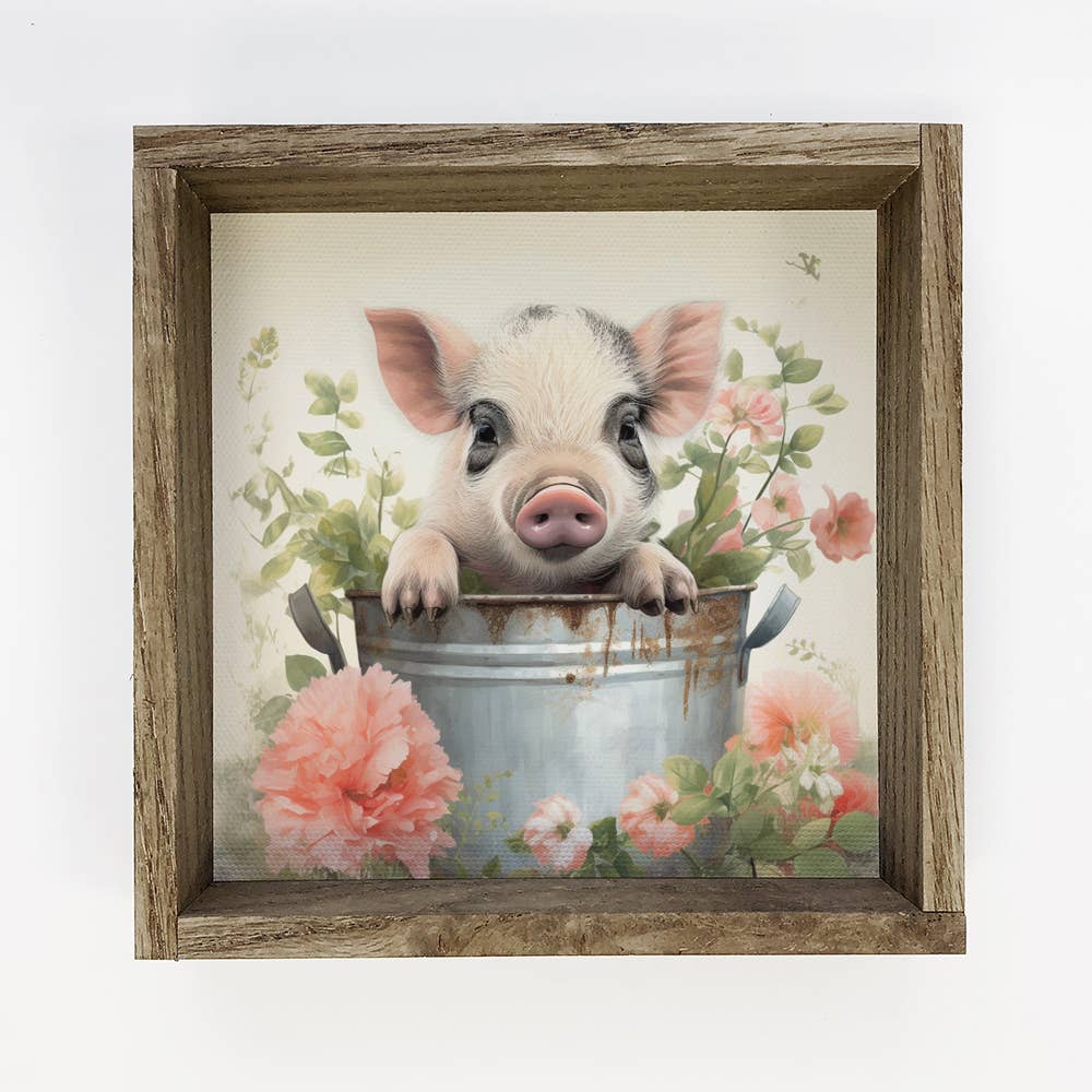 Black White Pig in Tub - Cute Framed Animal Art - Farmhouse