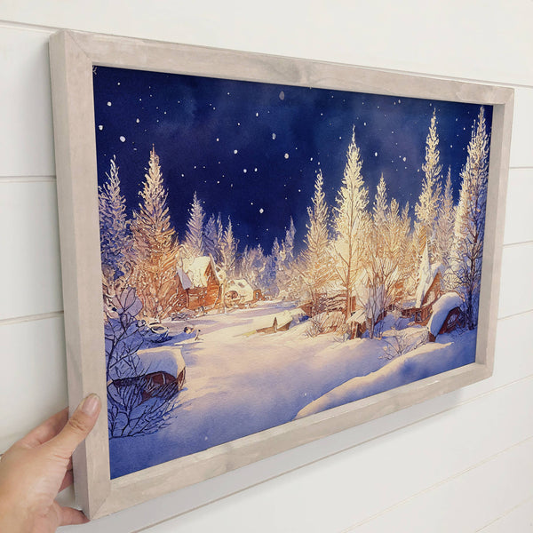 Winter Night Painting - Framed Nature Wall Art - Cabin Decor