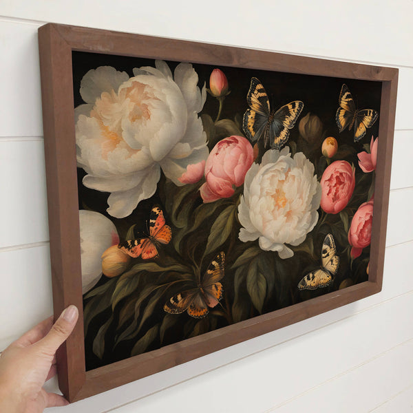 Peonies Butterfly - Nature Canvas Art - Wood Framed Florals