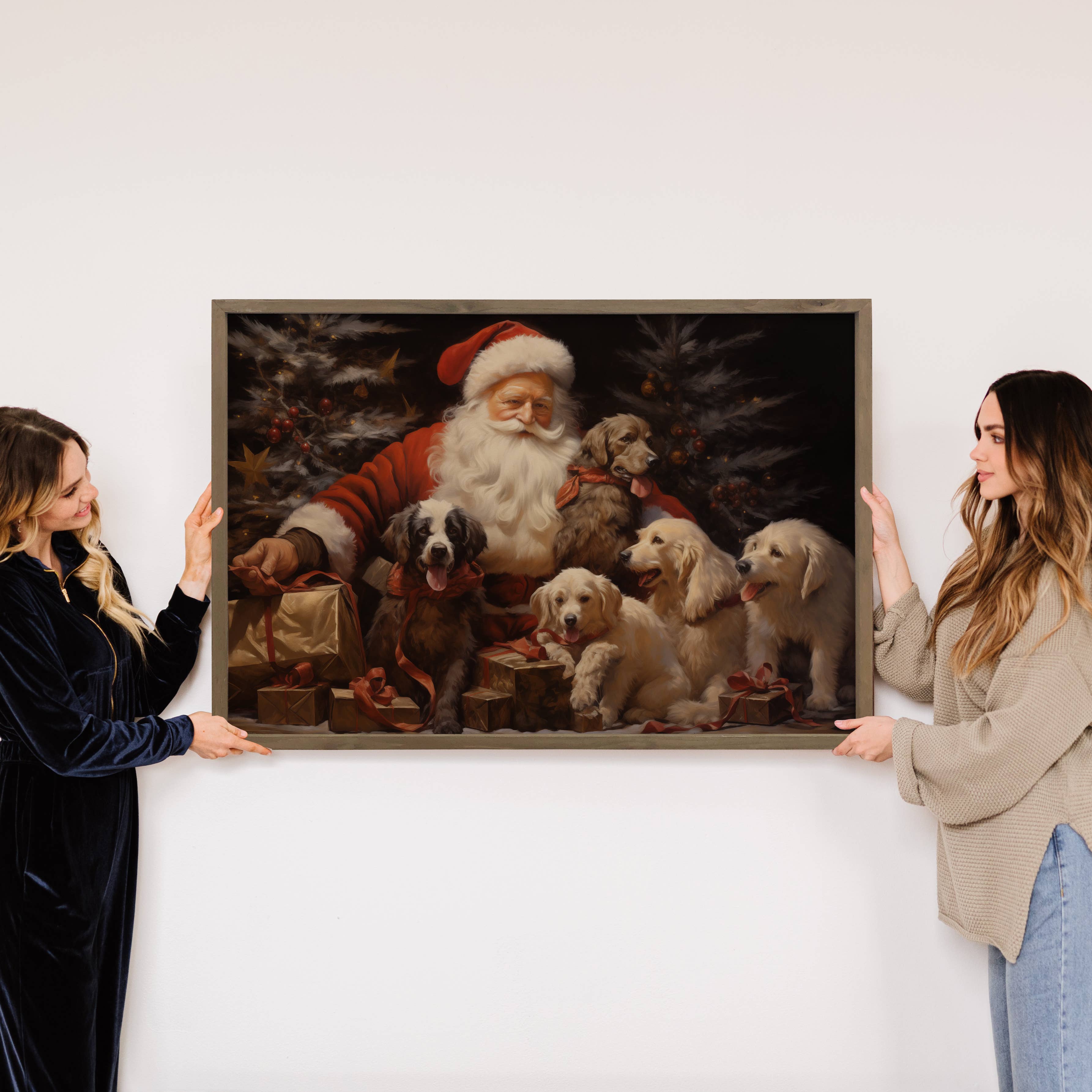 Santa with Dogs - Santa Canvas Art - Wood Framed Wall Art