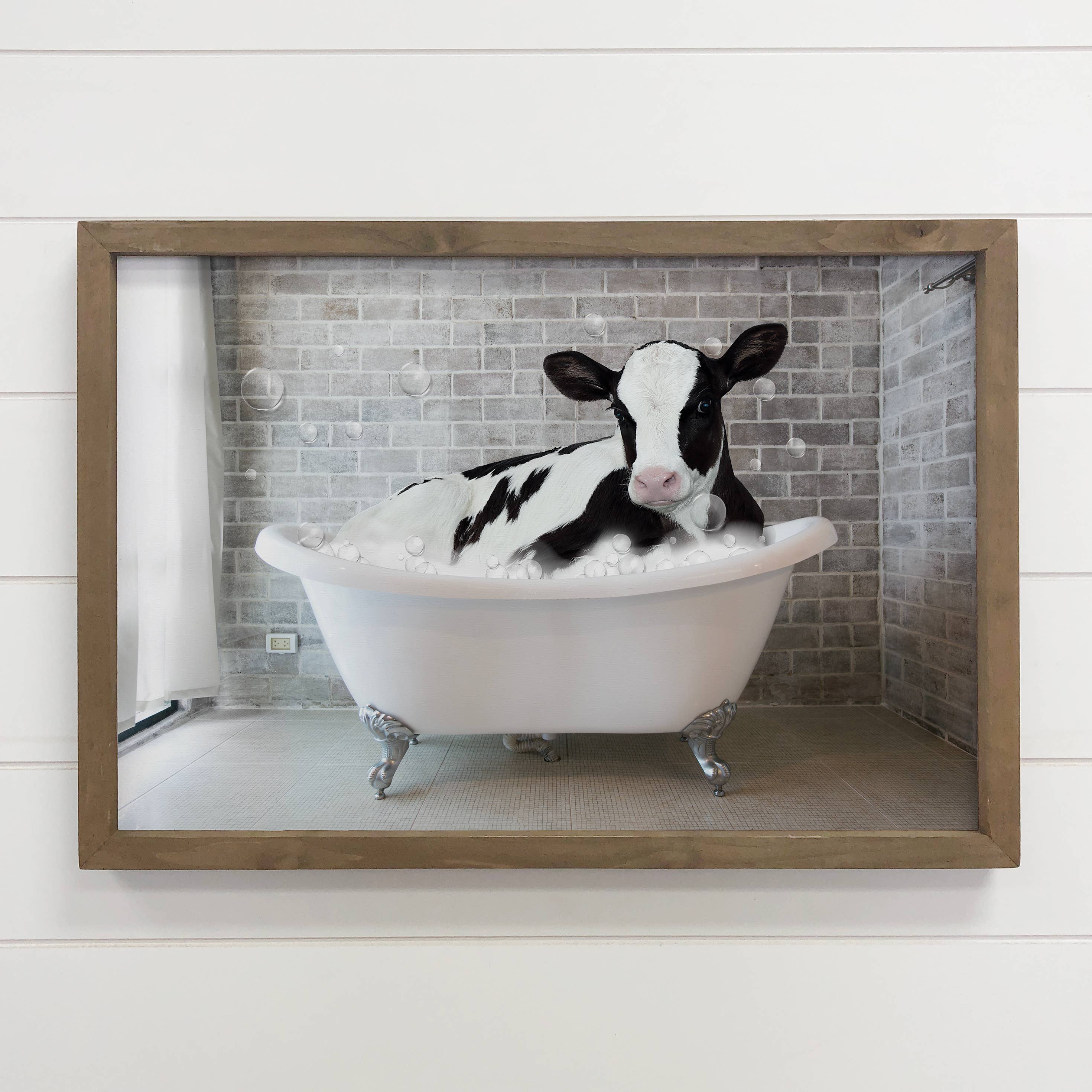 Dairy Cow in Bathtub - Bathroom Canvas Wood Sign Framed