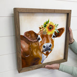 Cow with a Yellow Sunflower - Cute Cow decor with wood Frame