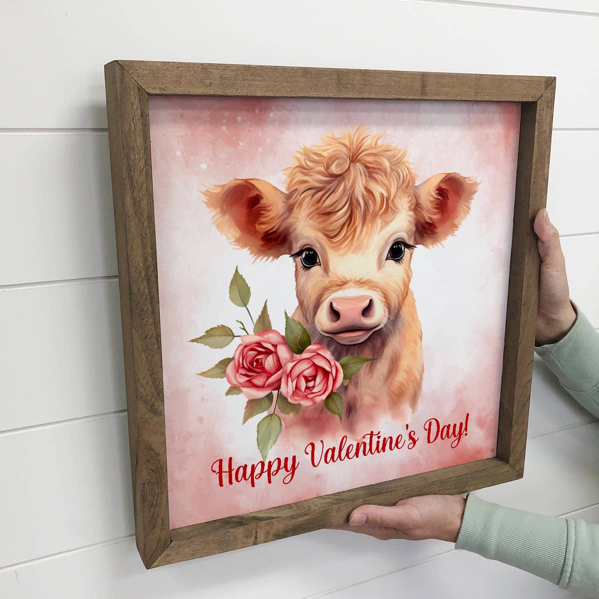 Happy Valentines Day Cow - Cute Cow Canvas Art - Wood Framed