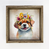 Cute Flower Dog - Nursery Art with Rustic Wood Frame -