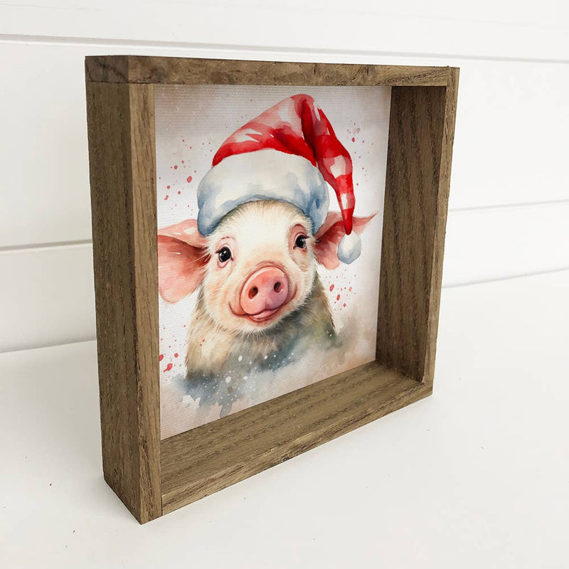Pig in a Santa Hat - Cute Holiday Animal - Framed Canvas Art