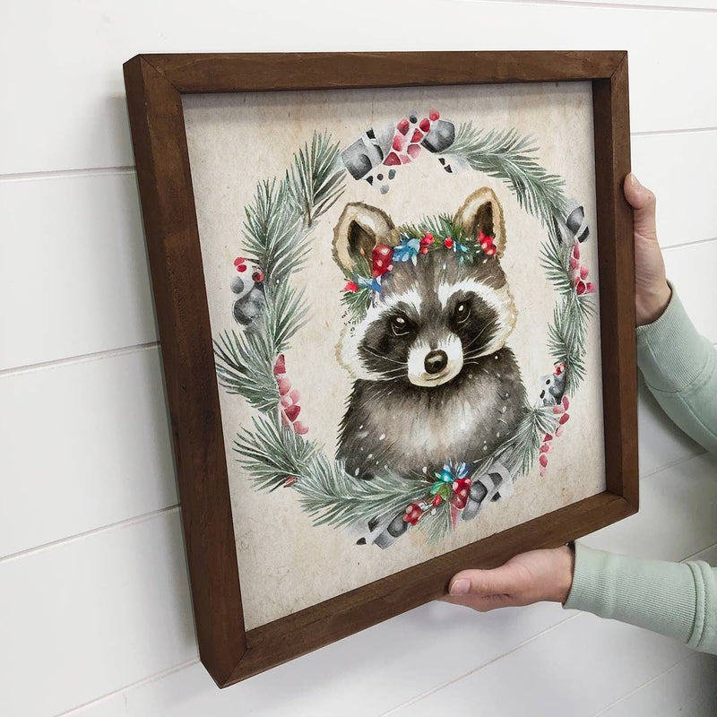 Christmas Wreath Racoon - Cute Holiday Animal - Framed Decor