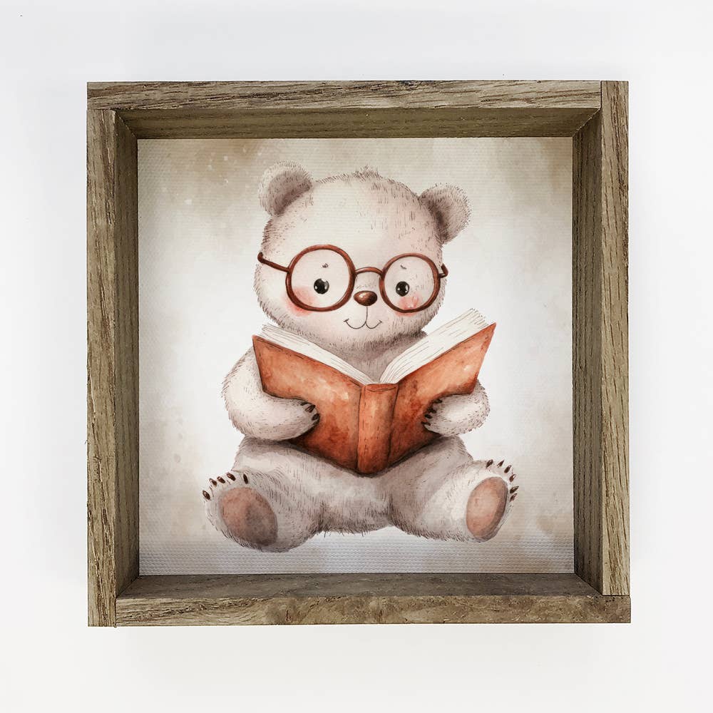Bear Reading Book - Cute Bear Canvas Art - Wood Framed Art
