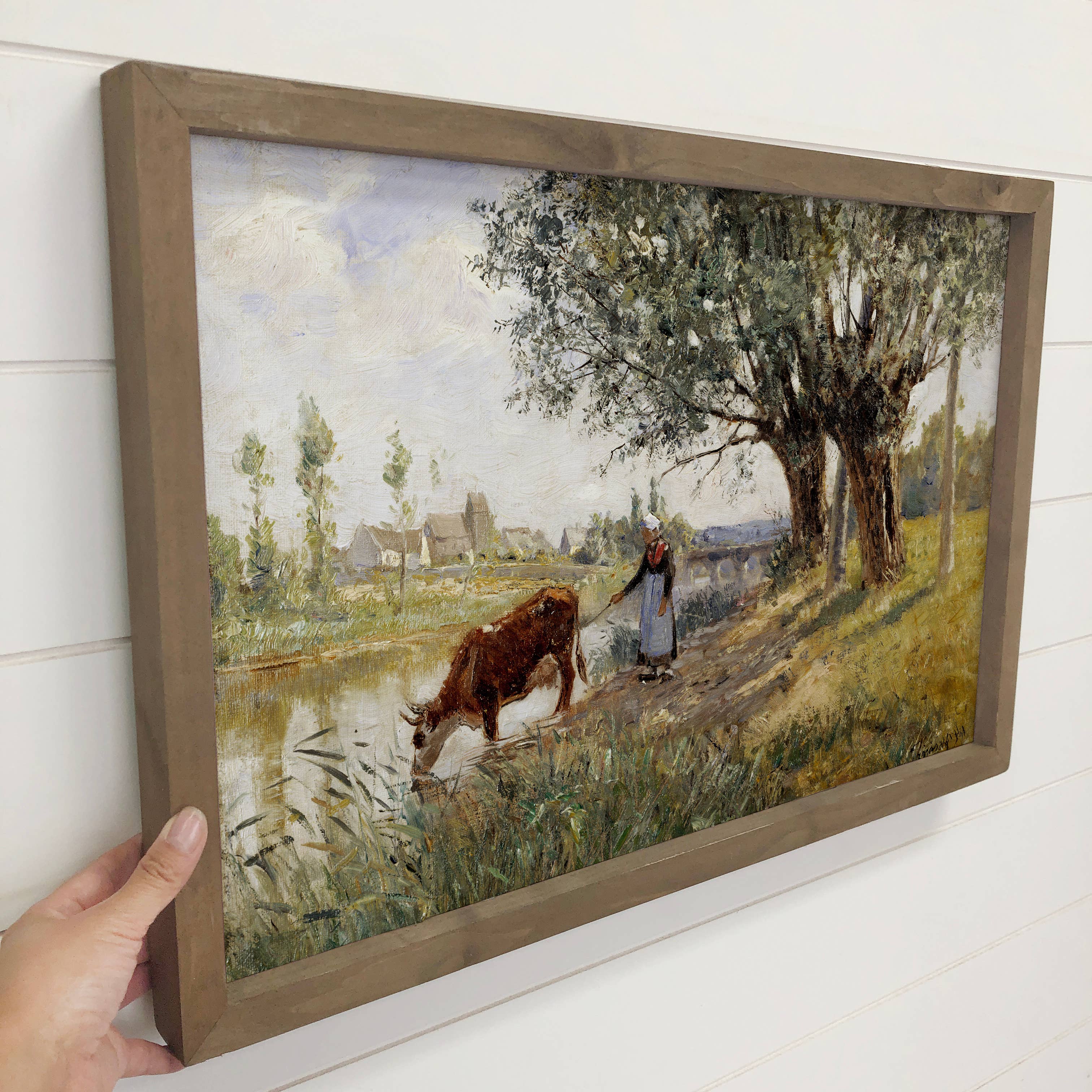 Cow with Milkmaid Painting - Farmhouse Wall Art - Framed Art