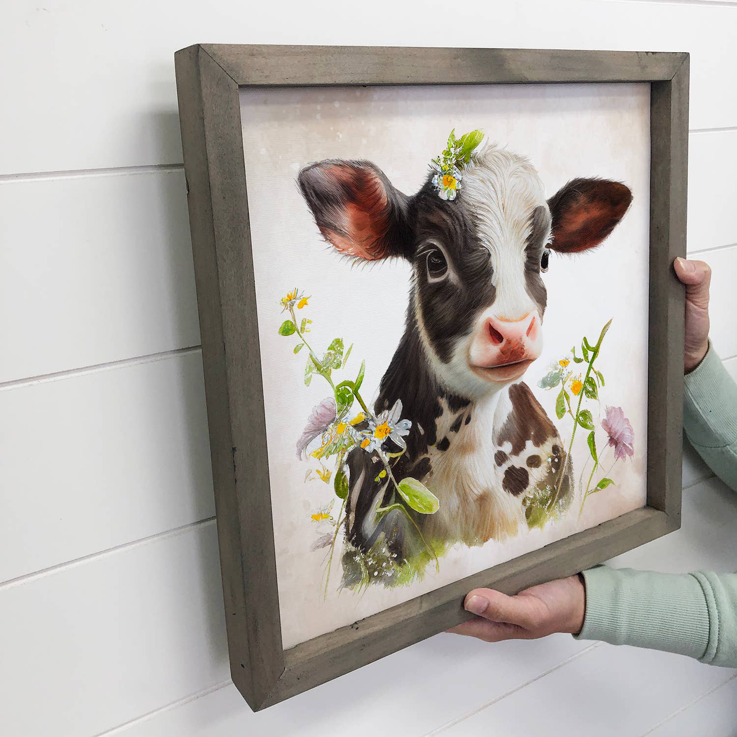 Cute Farmhouse Sign-White & Black Cow with Garden of Flowers