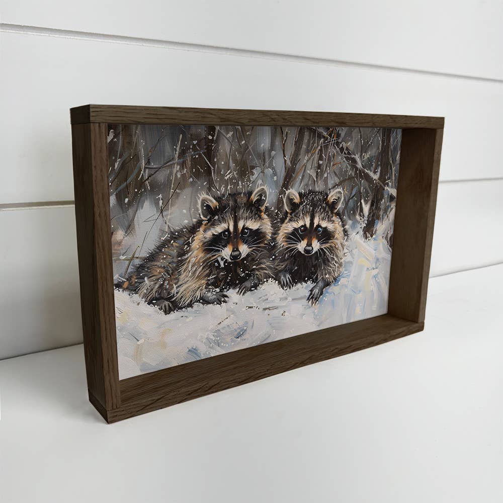 Two Racoons in Snow - Winter Animal Canvas Art - Cabin Decor