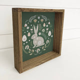 Easter Art- Green Folk Bunny- Small Canvas and Aged Frame