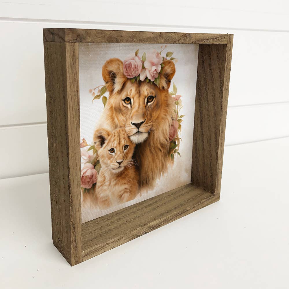 Mother Baby Lion Watercolor - Lion Canvas Art - Framed Decor