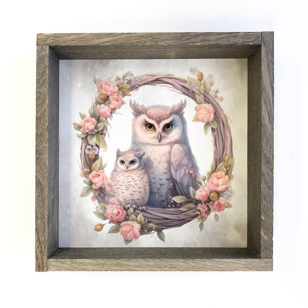 Mother Baby Owl Watercolor - Owl Canvas Art - Wood Framed