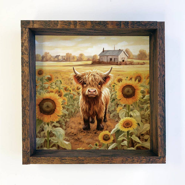 Baby Highland Cow Sunflower Farm - Wood Frame Canvas Art