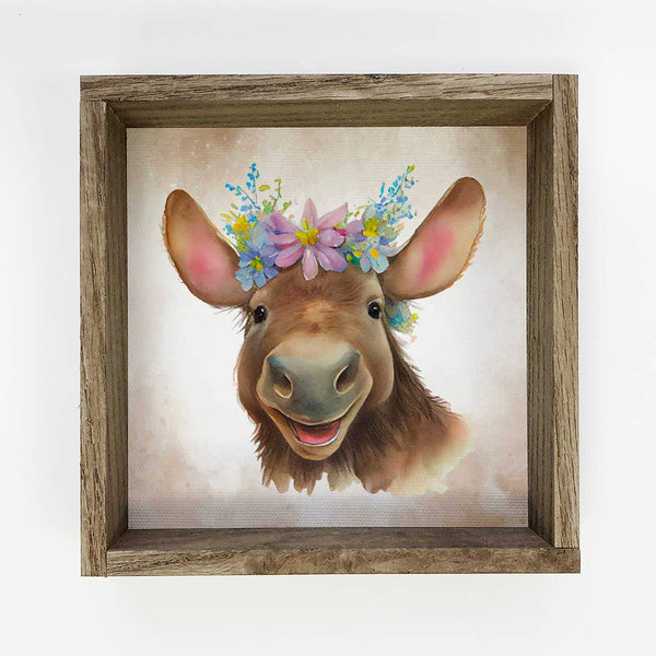 Cute Flower Moose - Nursery Wall Art with Rustic Wood Frame