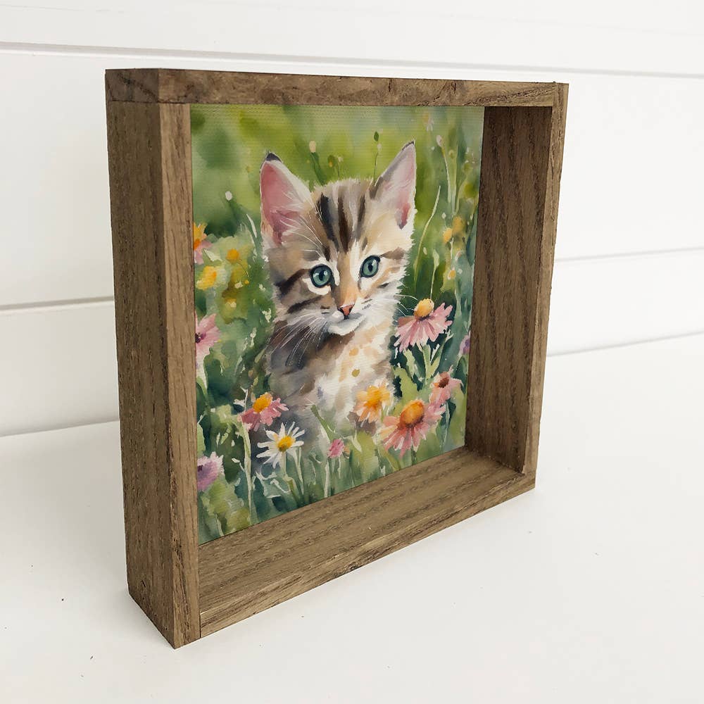 Wildflower Tabby Cat - Springtime Cat Canvas Art - Framed