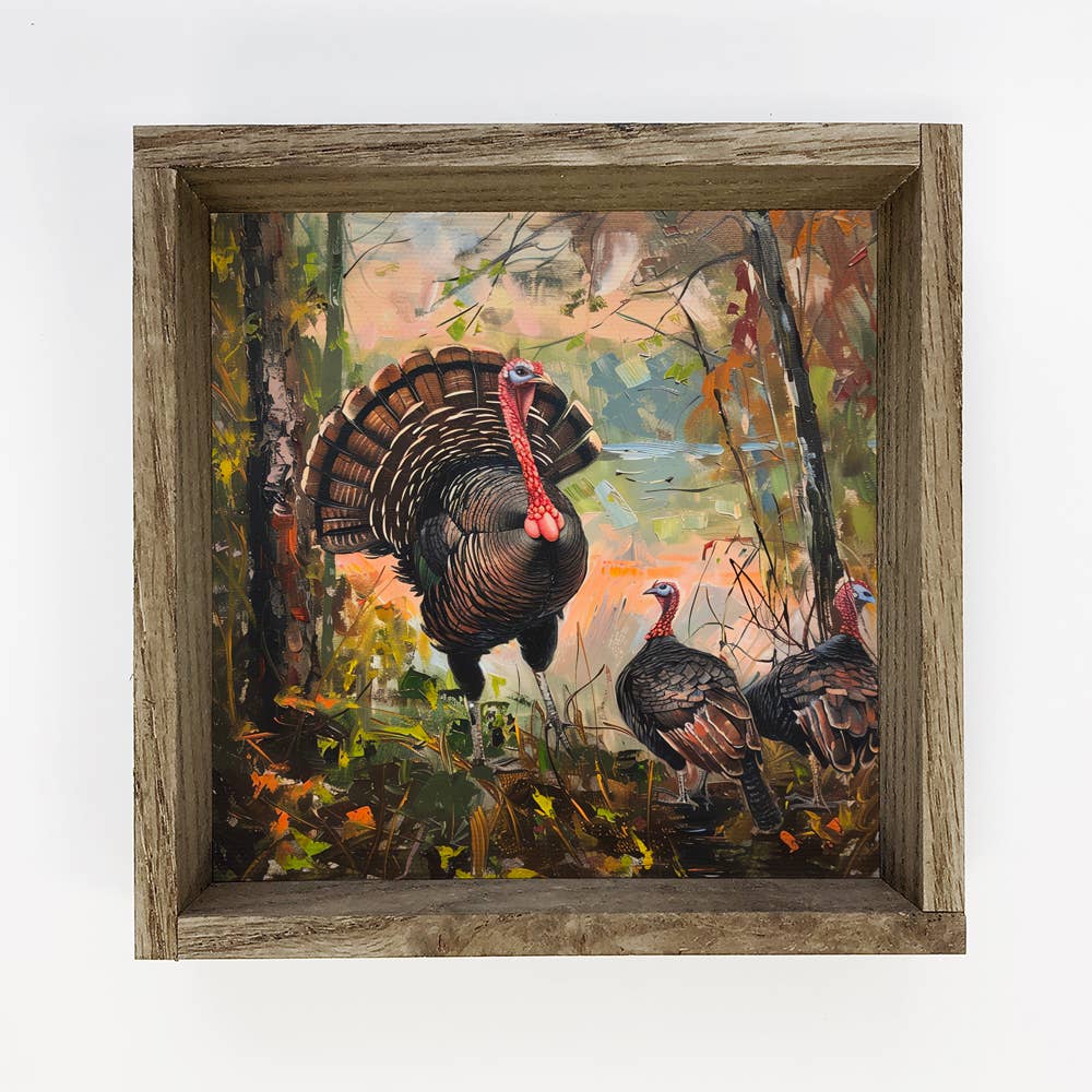 Wild Turkeys in the Fall - Fall Canvas Art - Wood Framed Art