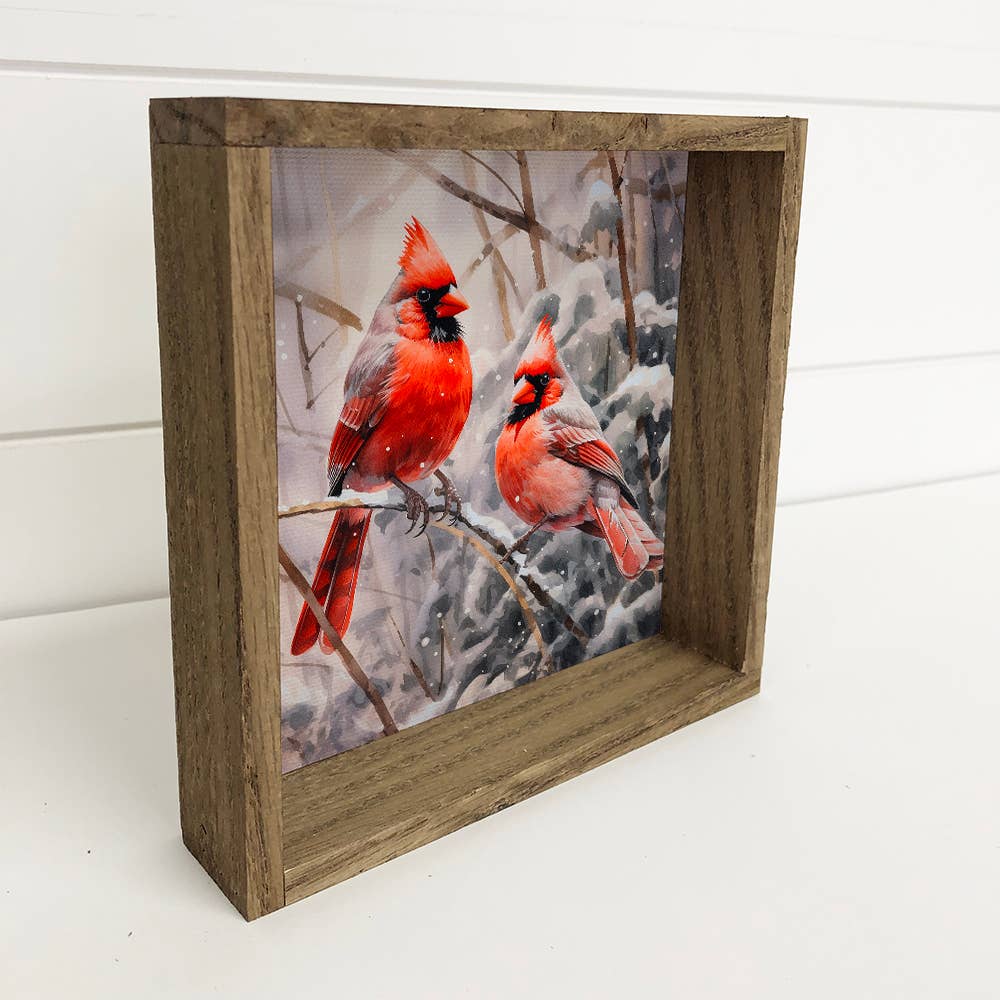 Two Winter Cardinals - Winter Bird Canvas Art - Wood Framed