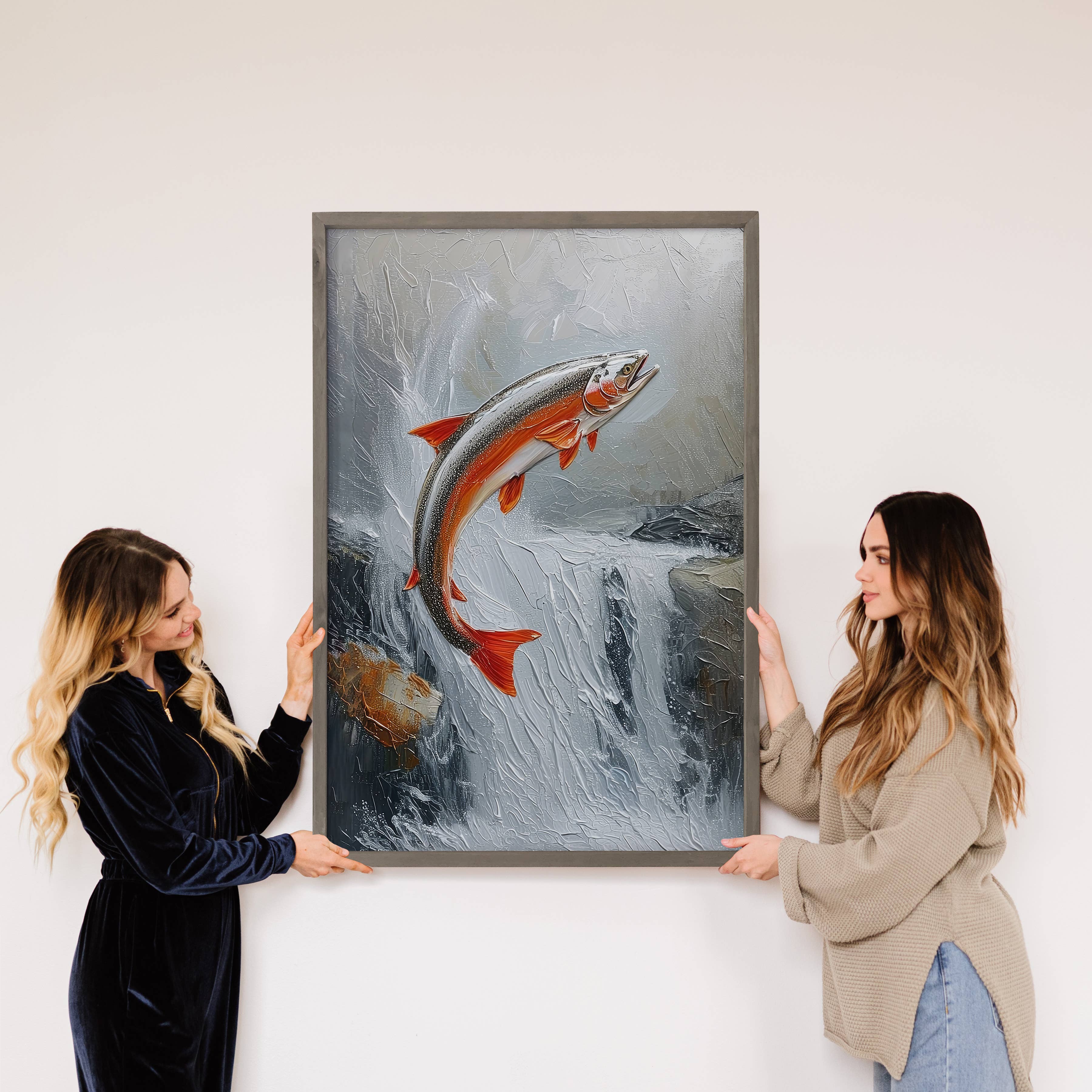 Salmon Run - Fish Canvas Art - Cabin Wood Framed Wall Art