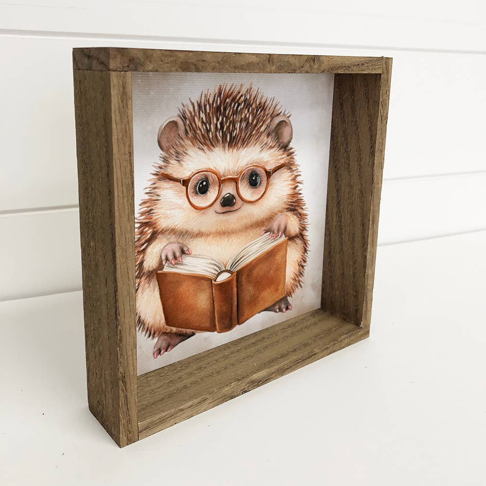 Hedgehog Reading Book - Hedgehog Canvas Art - Wood Framed