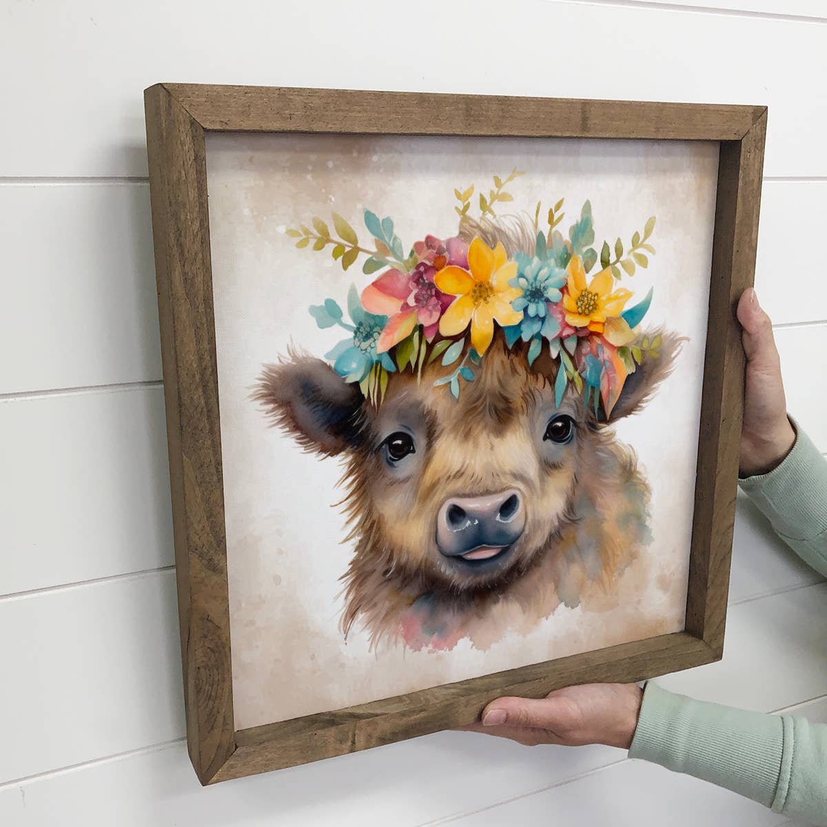 Cute Baby Bison - Bison Watercolor with rustic wood frame