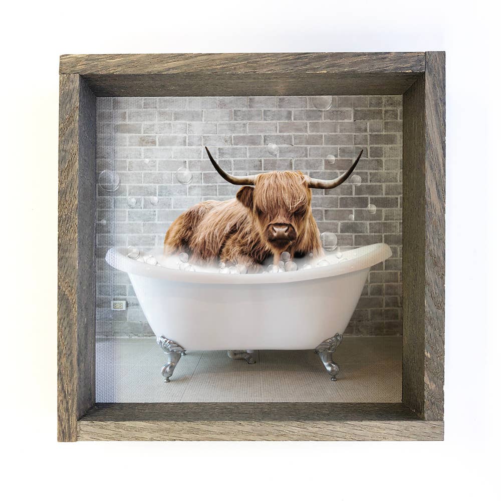 Highland Cow in a Bubble Bath Canvas & Wood Sign