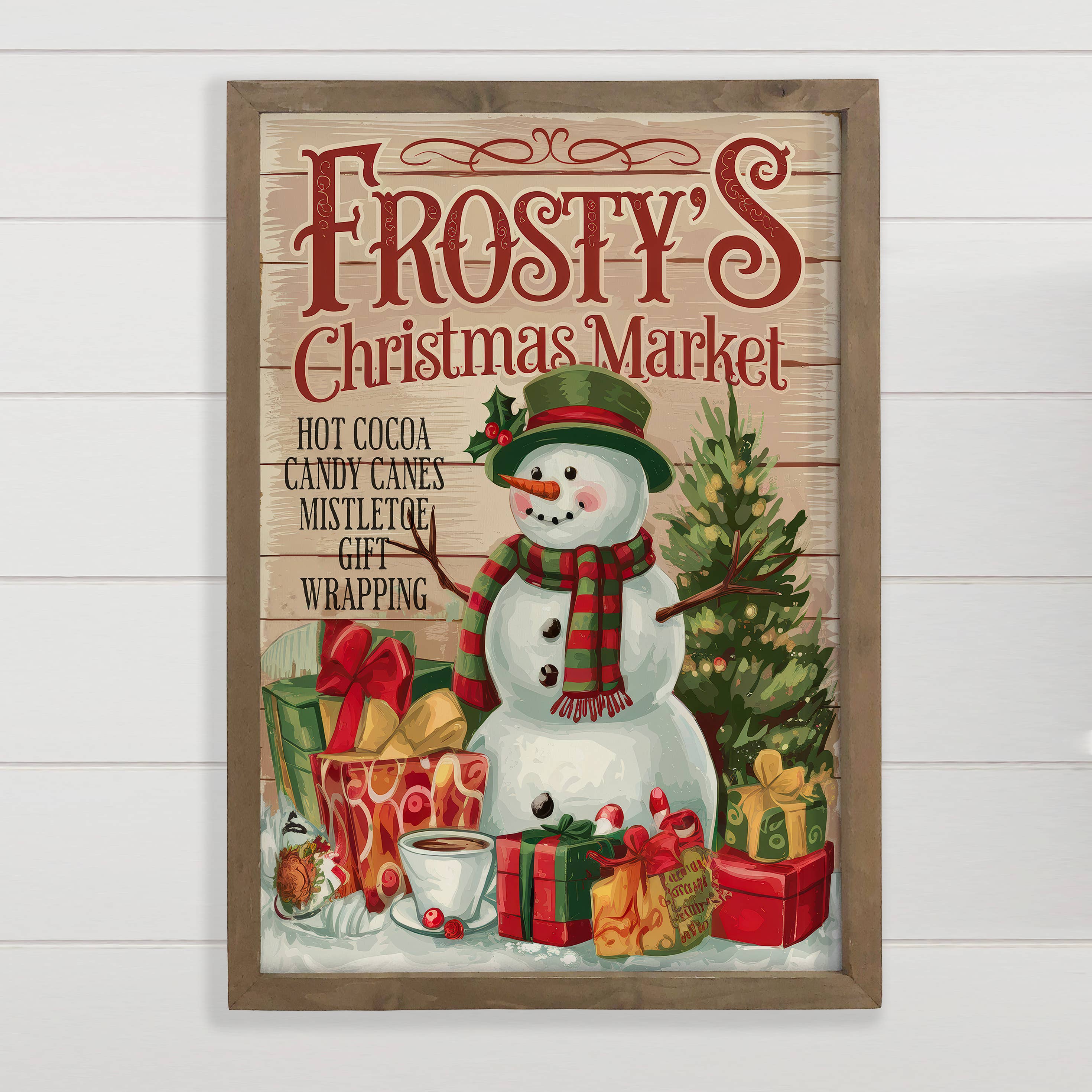 Frosty's Holiday Market - Christmas Canvas Sign - Wood Frame
