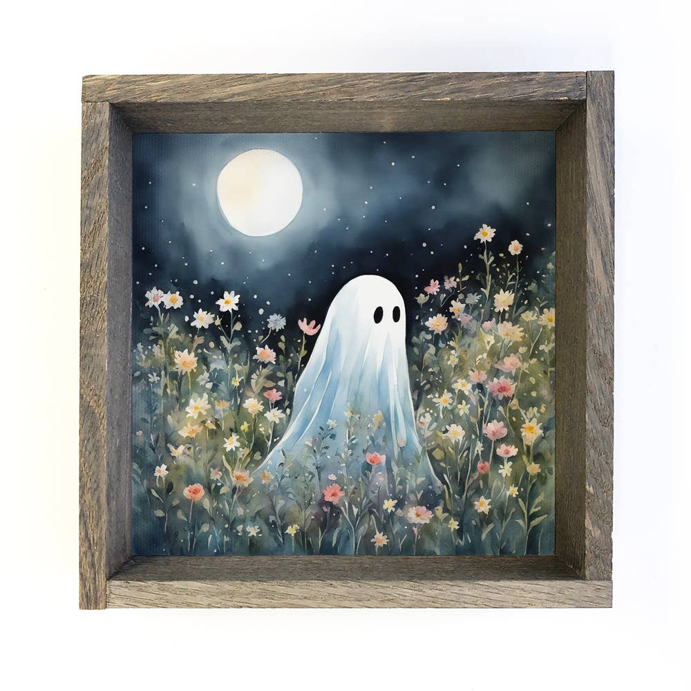 Cute Ghost in Wildflowers - Halloween Canvas Art - Framed