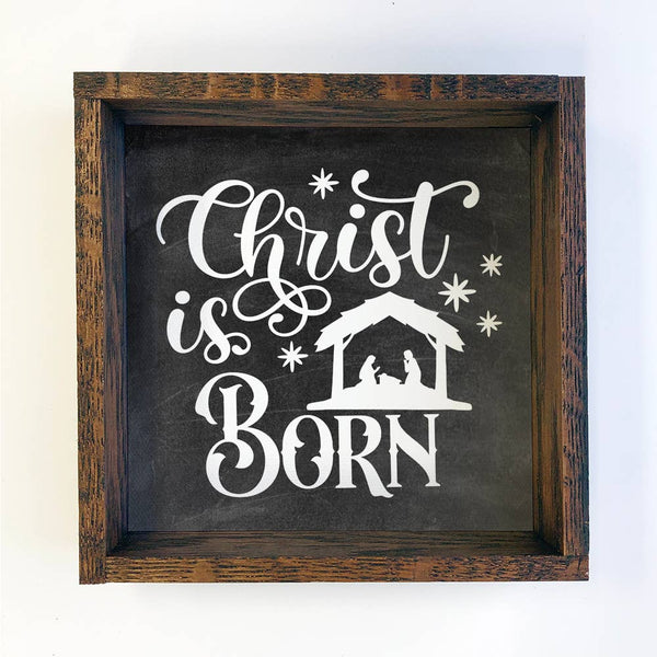 Christ is Born Nativity Small Canvas Sign with Walnut Frame