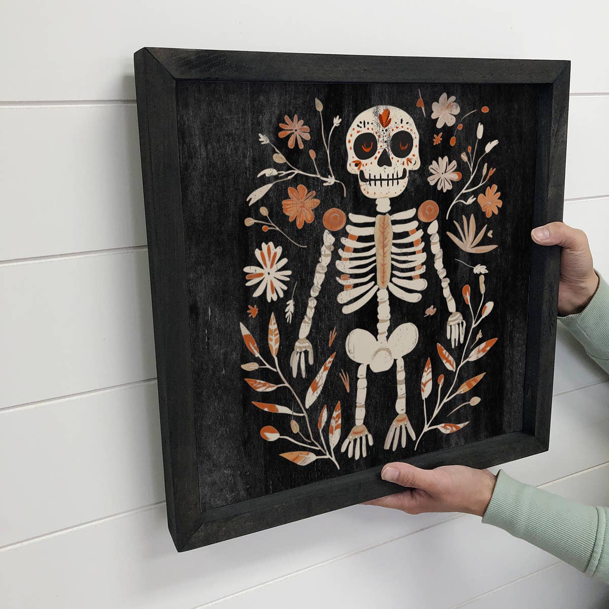 Folk Halloween Skeleton Flowers - Folk Halloween Canvas Art