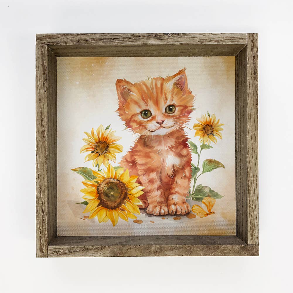 Smiling Cat with Sunflowers - Cat Canvas Art - Wood Framed