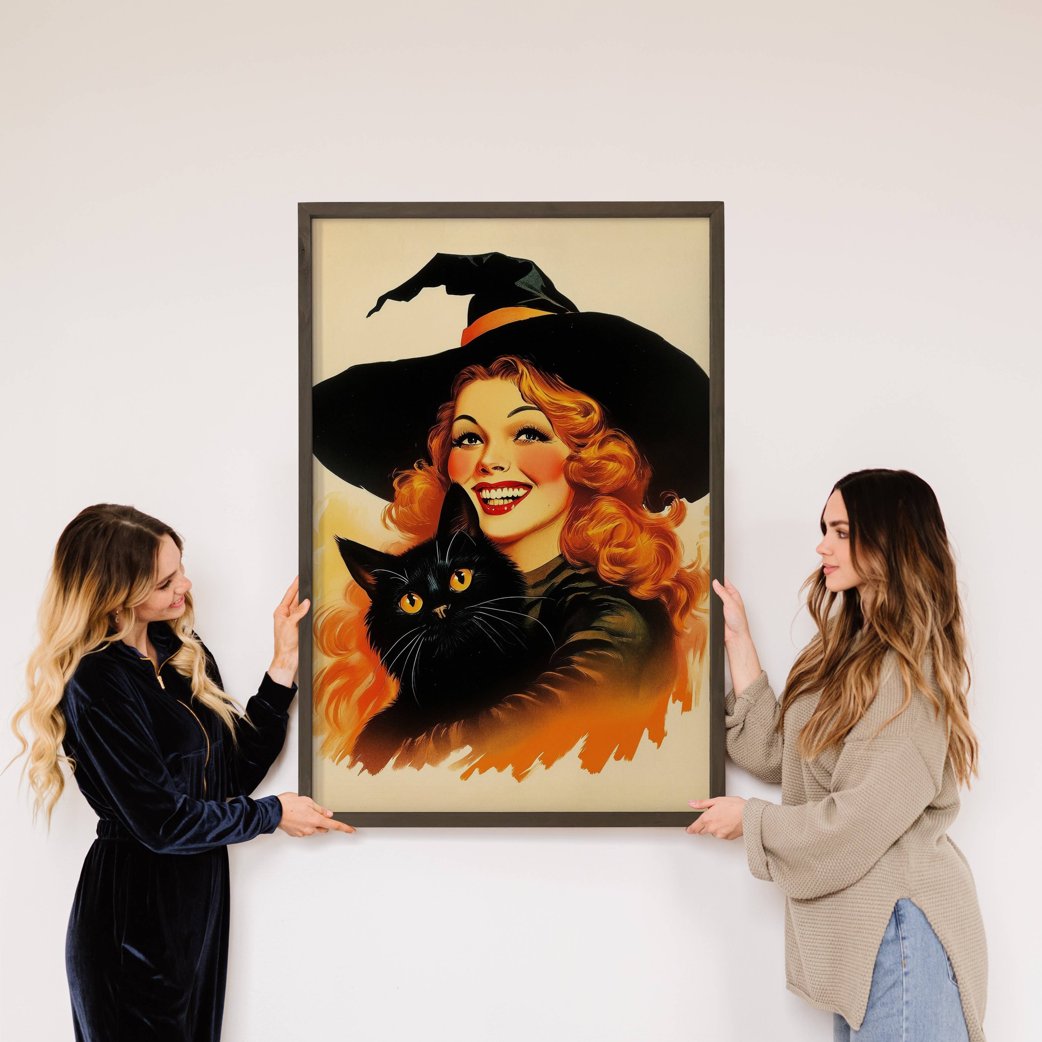 Vintage Witch and Black Cat Poster - Halloween Canvas Art