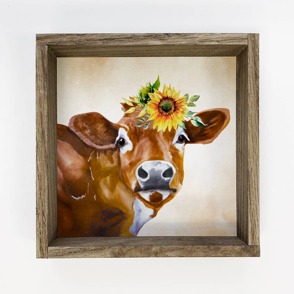 Cow with a Yellow Sunflower - Cute Cow decor with wood Frame