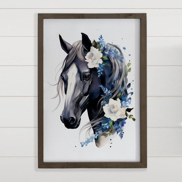 Horse Flower Watercolor - Animal Canvas Art - Wood Framed