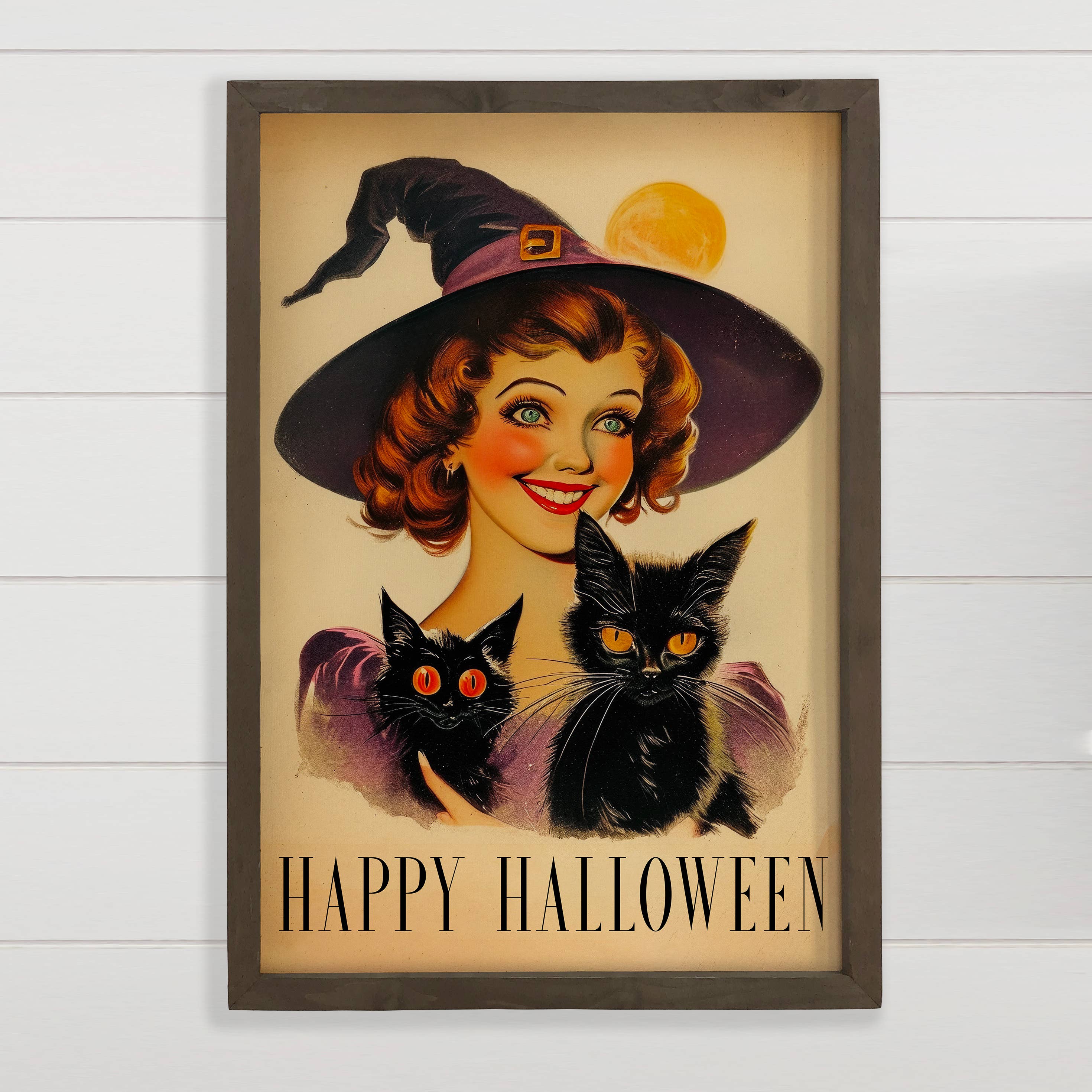 Vintage Witch Girl and Two Cats - Halloween Canvas Art