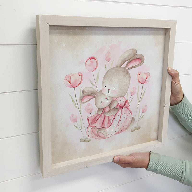 Nursery Print- Mama and Baby Bunny Pink Canvas and Frame