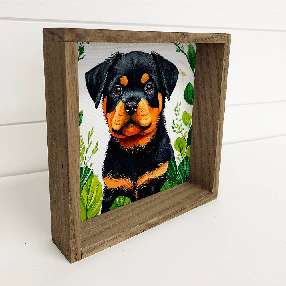 Rottweiler Pup and Leaves - Dog and Plants Canvas Art