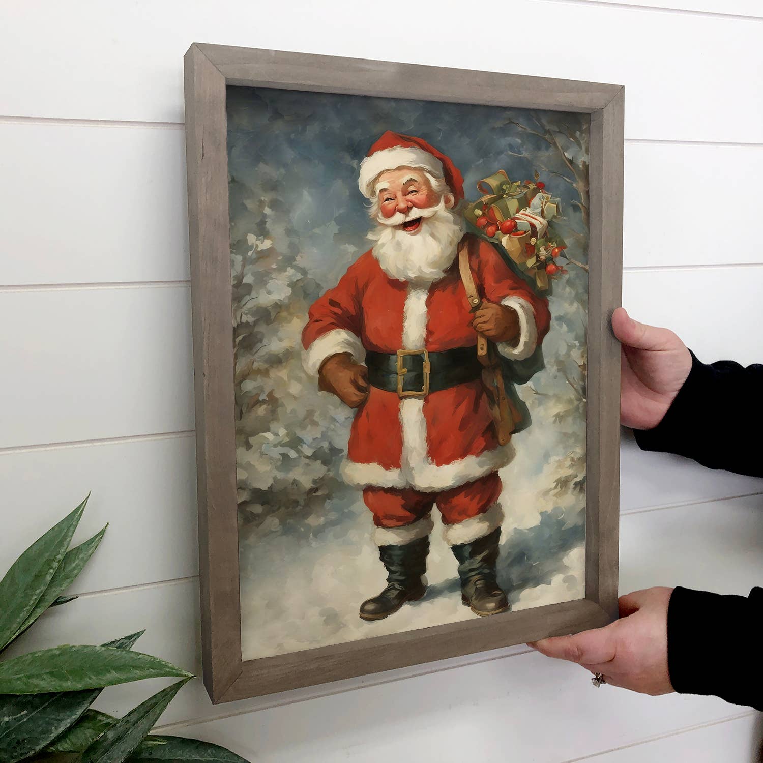 Vintage Santa Carrying Bag - Canvas Holiday Art - Wood Frame