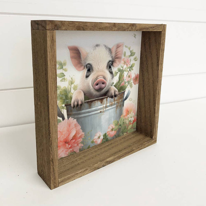 Black White Pig in Tub - Cute Framed Animal Art - Farmhouse