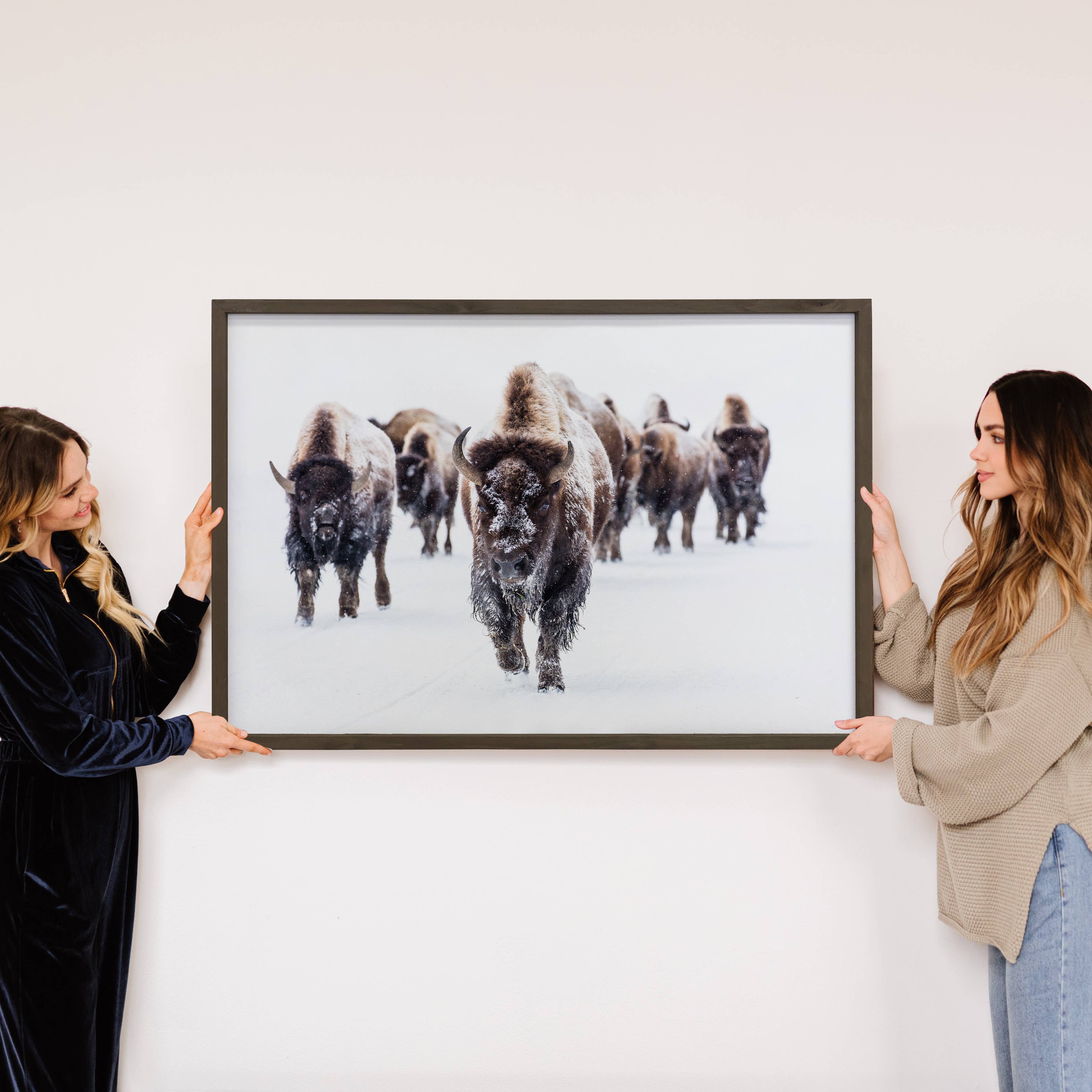 Wood Framed Wildlife Photography - Bison Group - Cabin Decor