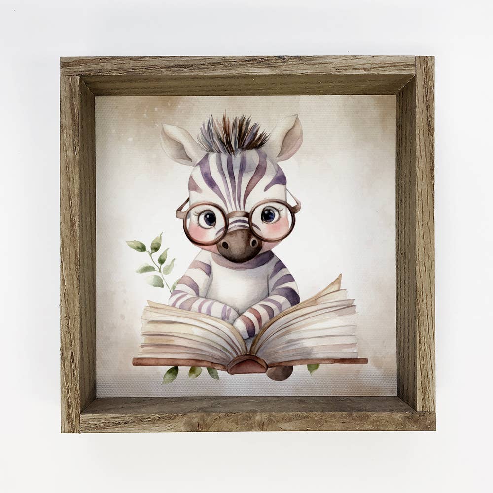 Zebra Reading Book - Cute Zebra Canvas Art - Wood Framed Art