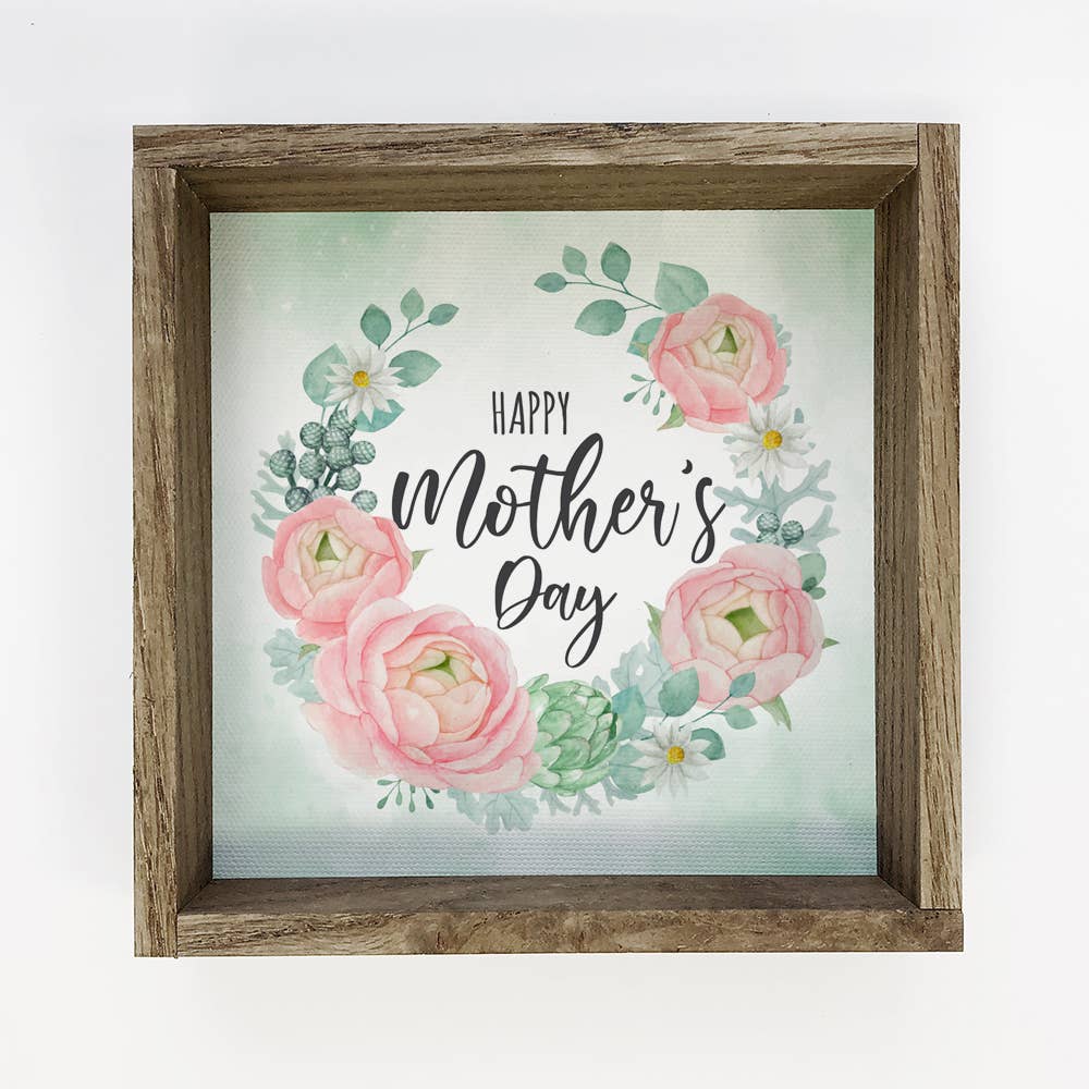 Happy Mother's Day Wreath Wood Sign - Green and Pink