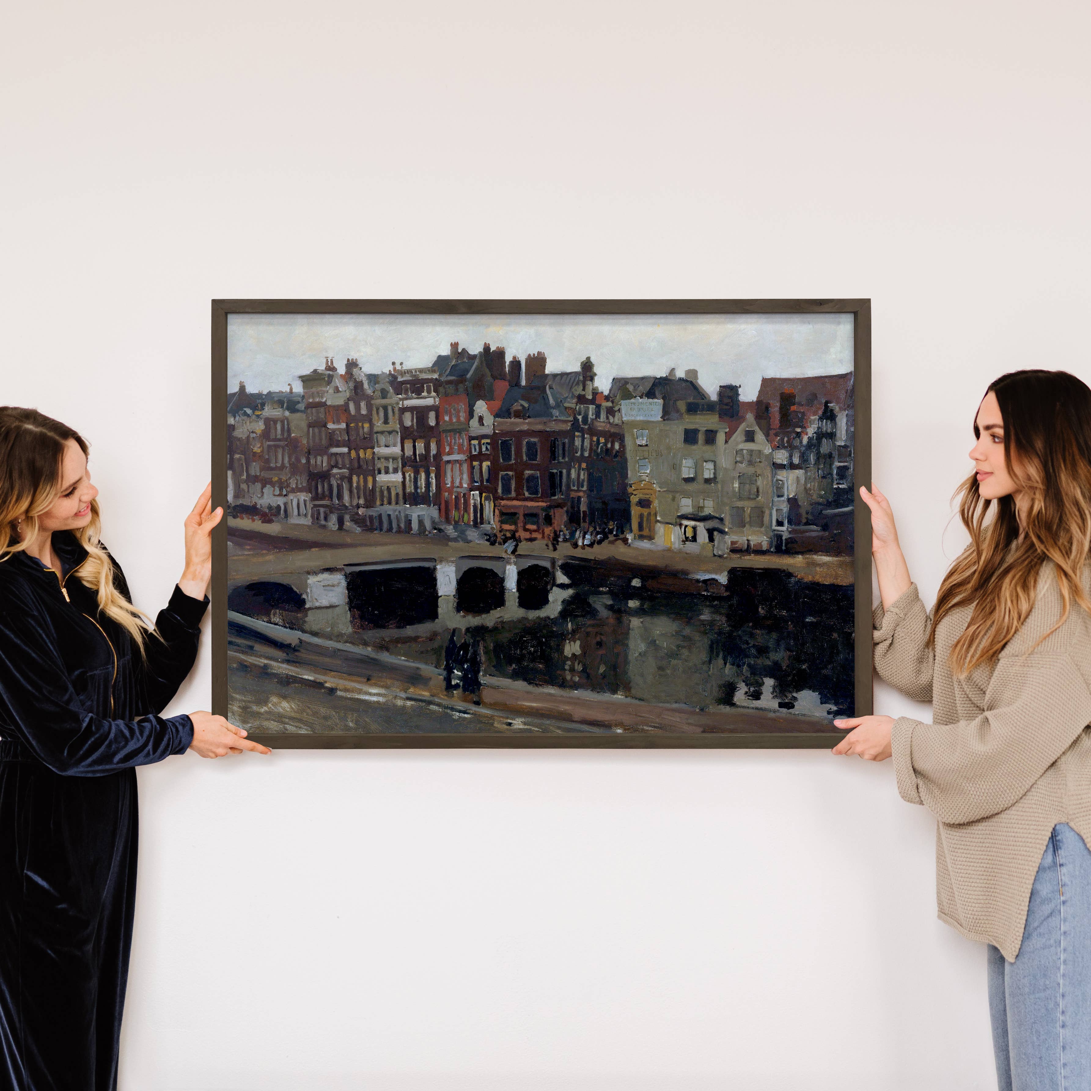 Old Amsterdam - City Landscape Canvas Art - Wood Framed