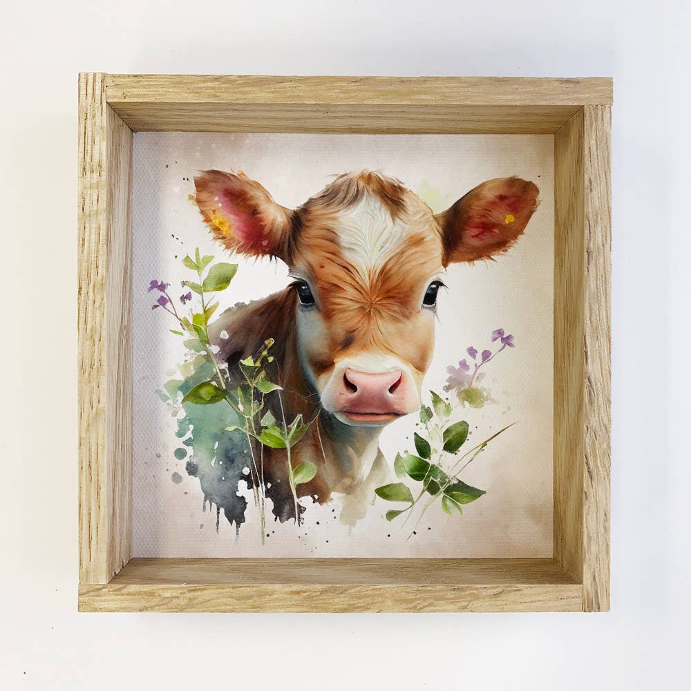 Brown Cow with Flowers - Farmhouse Nursery - Wood Frame