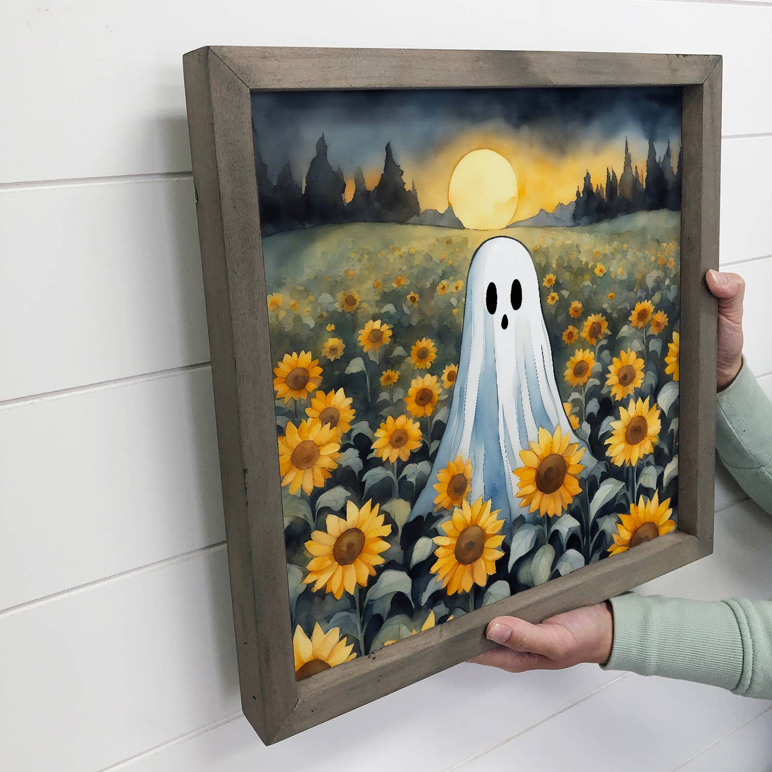 Cute Ghost in Sunflower Field - Halloween Canvas Art - Frame