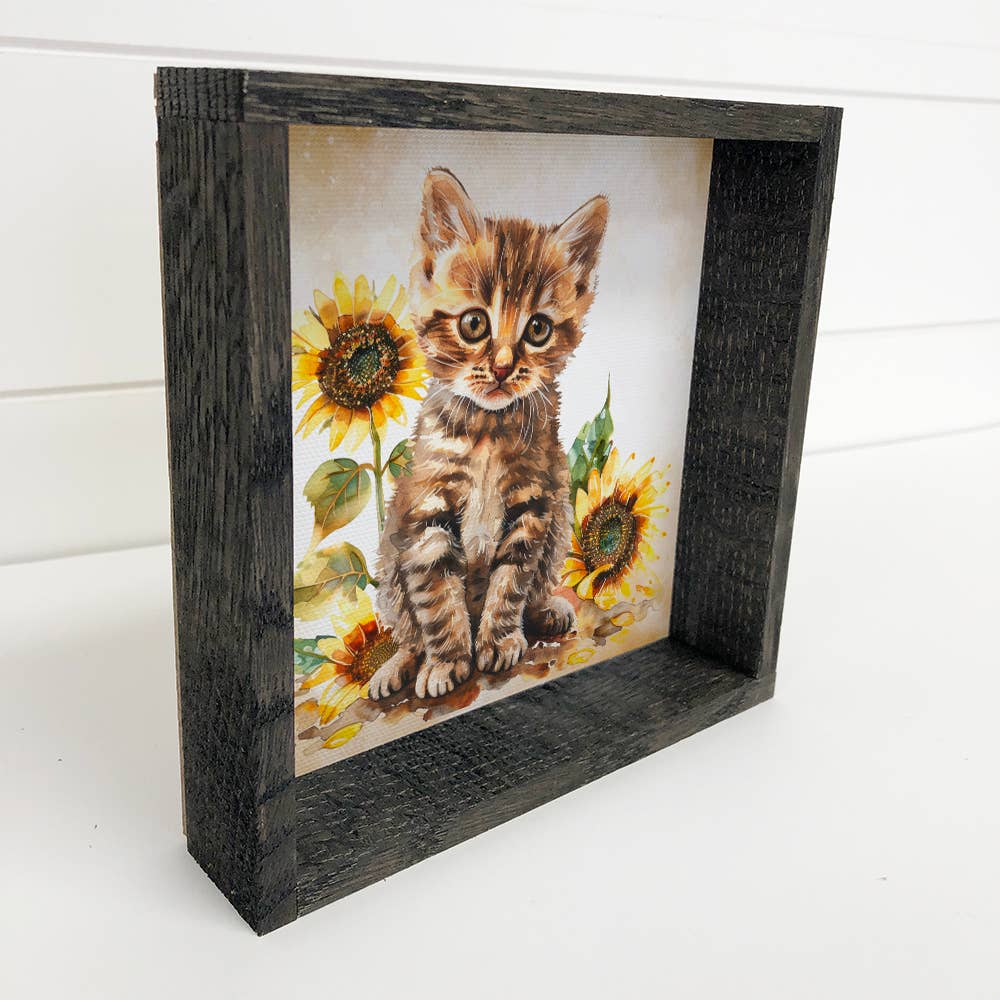 Striped Kitten With Sunflowers - Kitten Canvas Art - Framed